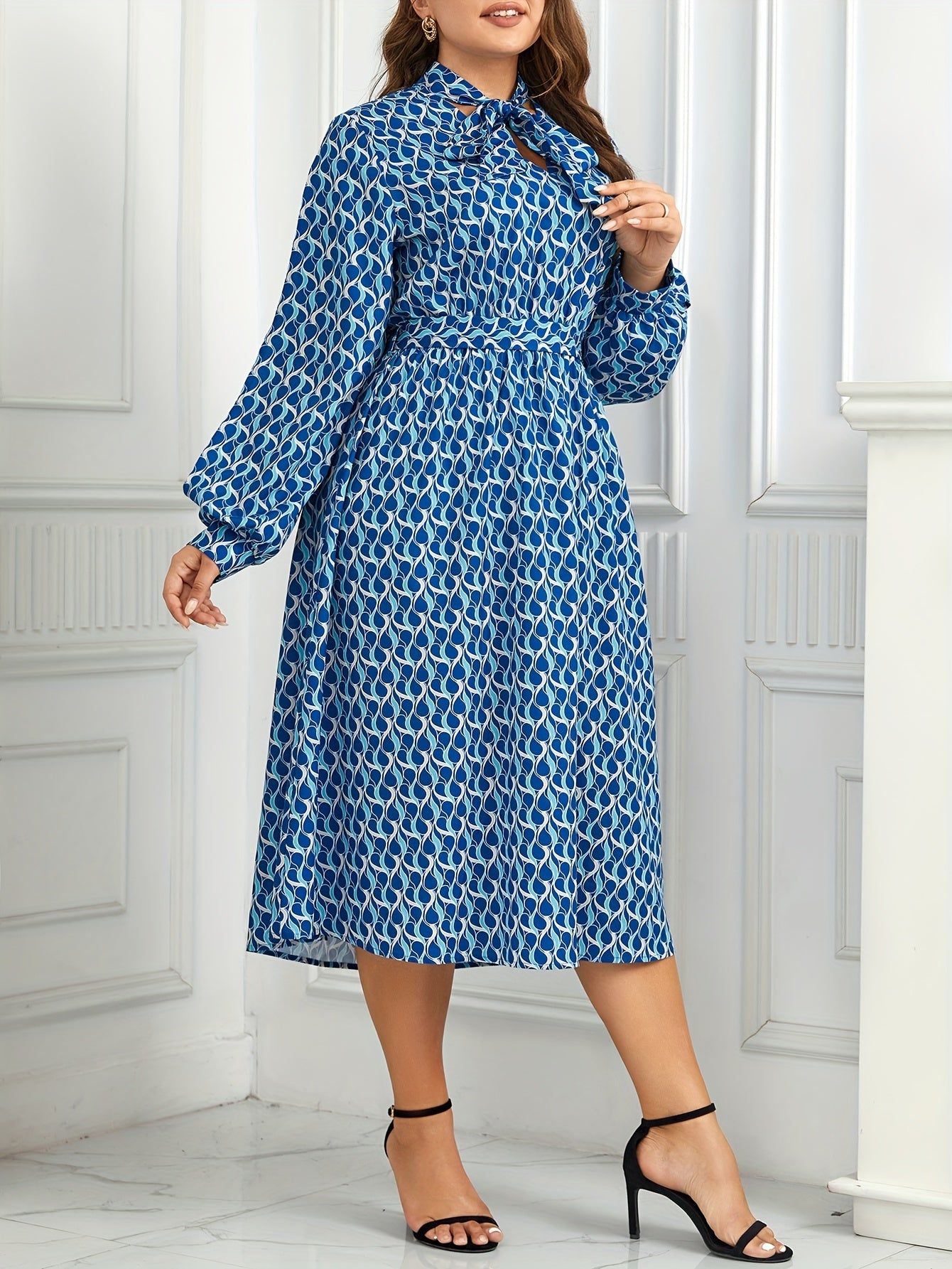 Dress Women's Plus Geometric Print Lantern Sleeve A line Maxi Dress