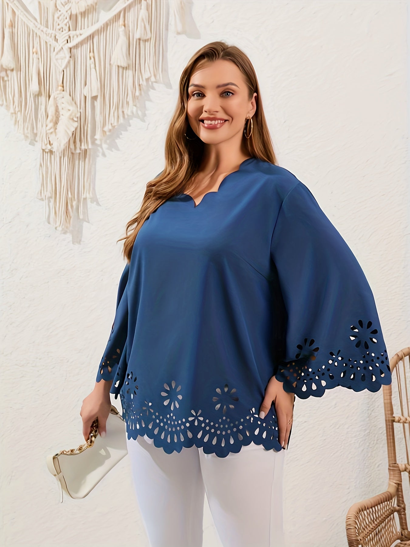 Embroidered Floral Trim V Neck Plus Size Blouse