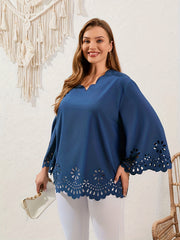 Embroidered Floral Trim V Neck Plus Size Blouse
