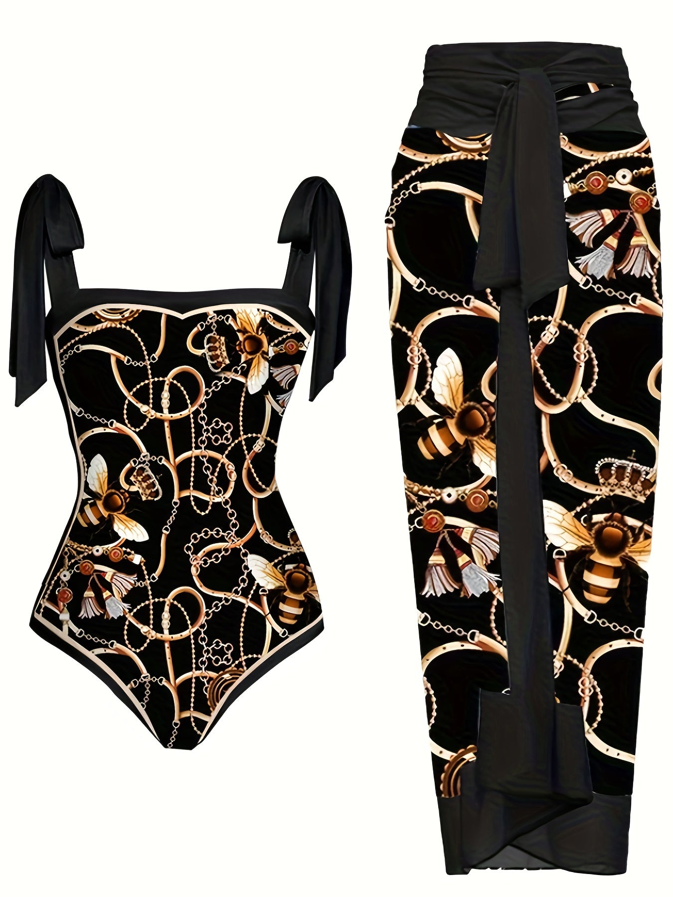 Chain & Bee Print Swimsuit Set with Cover Up Skirt