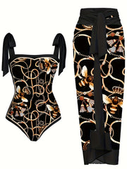 Chain & Bee Print Swimsuit Set with Cover Up Skirt