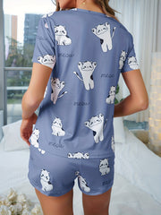 3Pcs Soft Pattern Loungewear Short Sleeve Tops & Shorts Pajama Set
