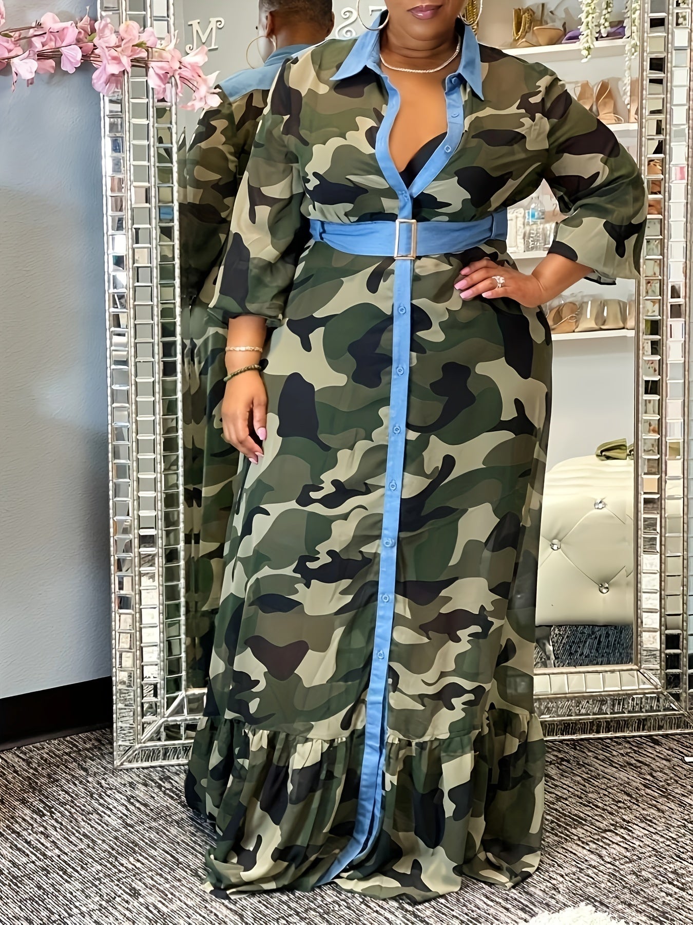 Camo Print Long Sleeve Maxi Shirt Dress