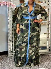 Camo Print Long Sleeve Maxi Shirt Dress