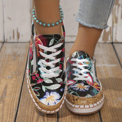 Women's Floral Print Sneakers Lace Up Side Zipper Low Top Shoes
