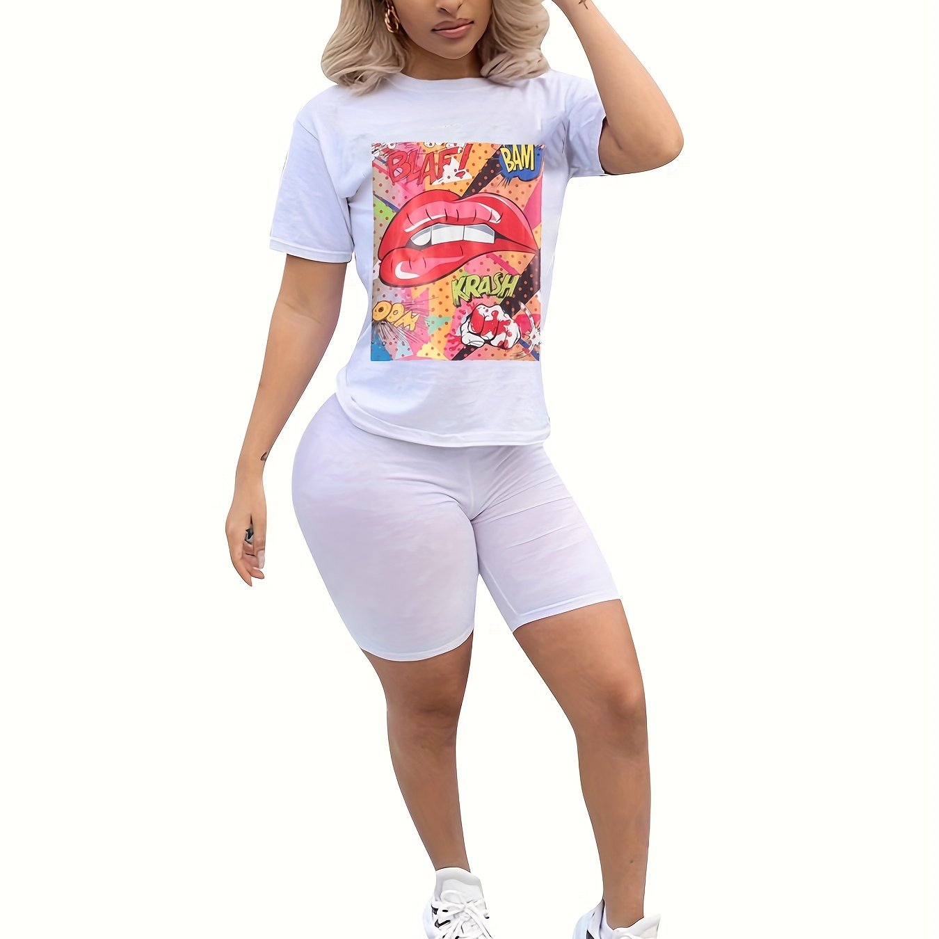 Graphic Print Short Sleeve T shirt & Bodycon Biker Shorts Set