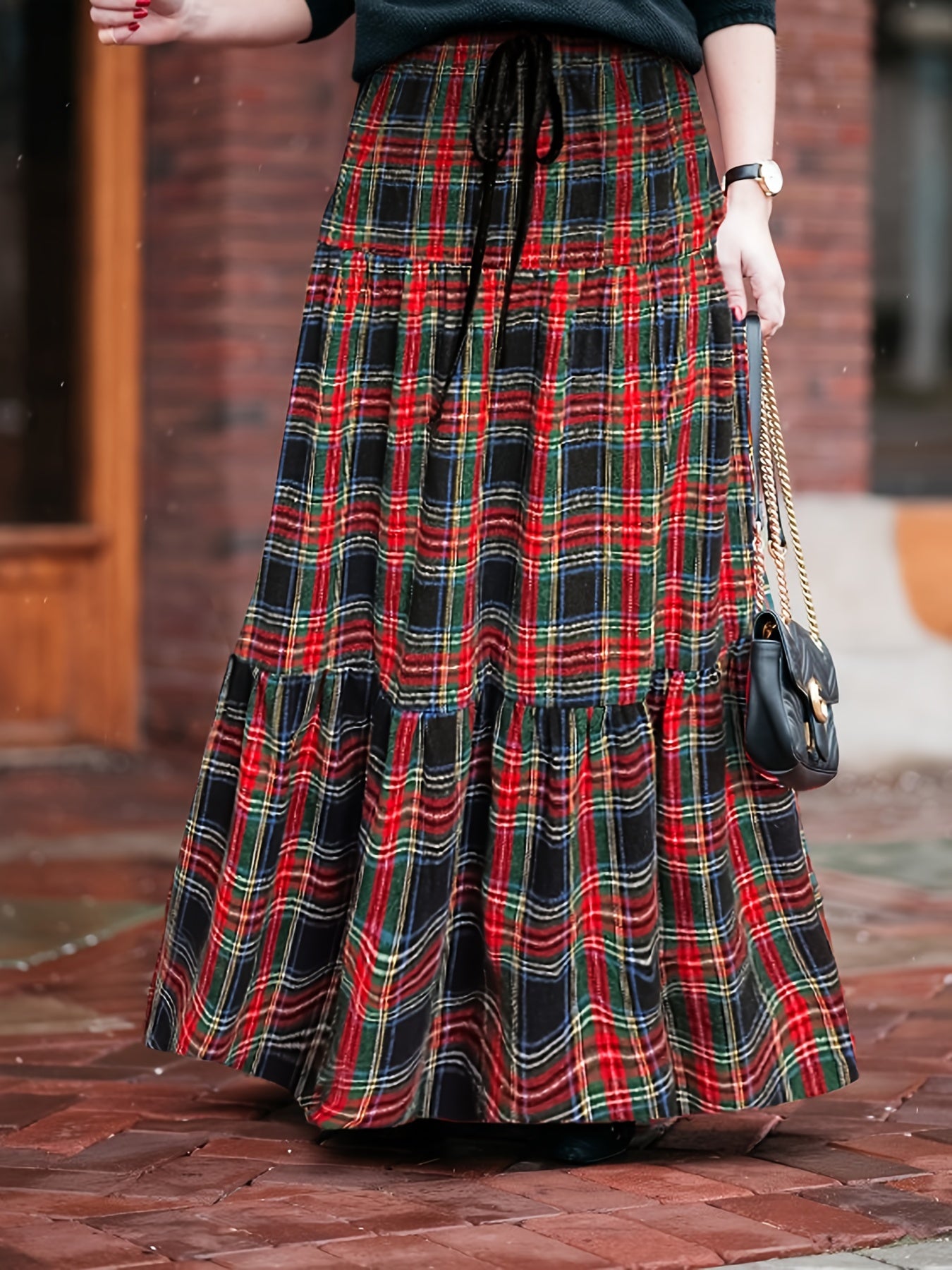 Plaid Print Drawstring Maxi Skirt