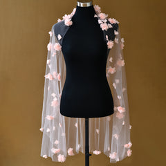 Romantic Lace Bridal Veil with Floral Embroidery & Pink Flowers