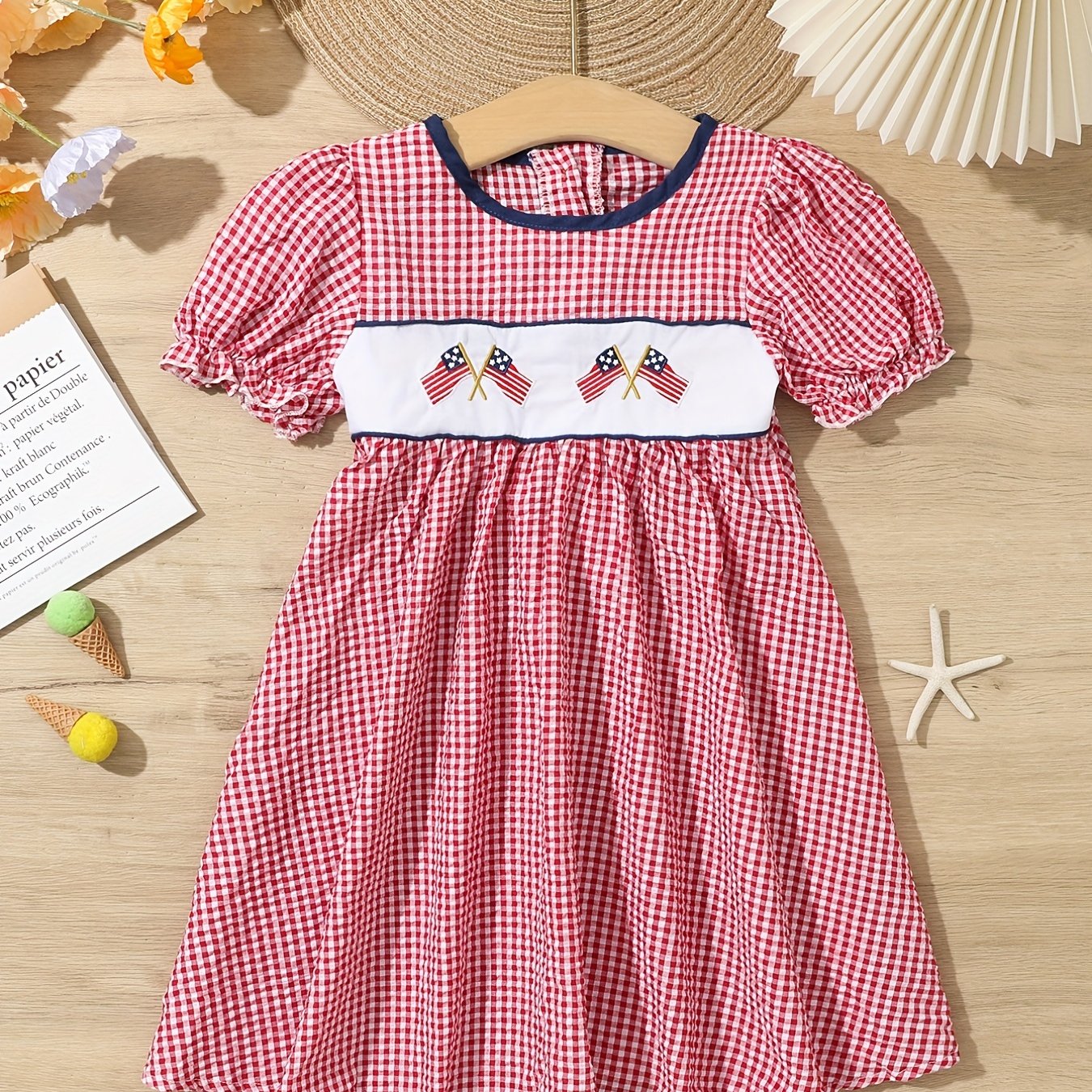 Toddler Girls Plaid Short Sleeve Embroidery Crew Neck Dress
