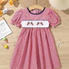 Toddler Girls Plaid Short Sleeve Embroidery Crew Neck Dress
