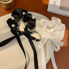 Faux Pearl Scrunchies Hair Tie Ribbon Tassel Hair Rope Satin Soft Ponytail