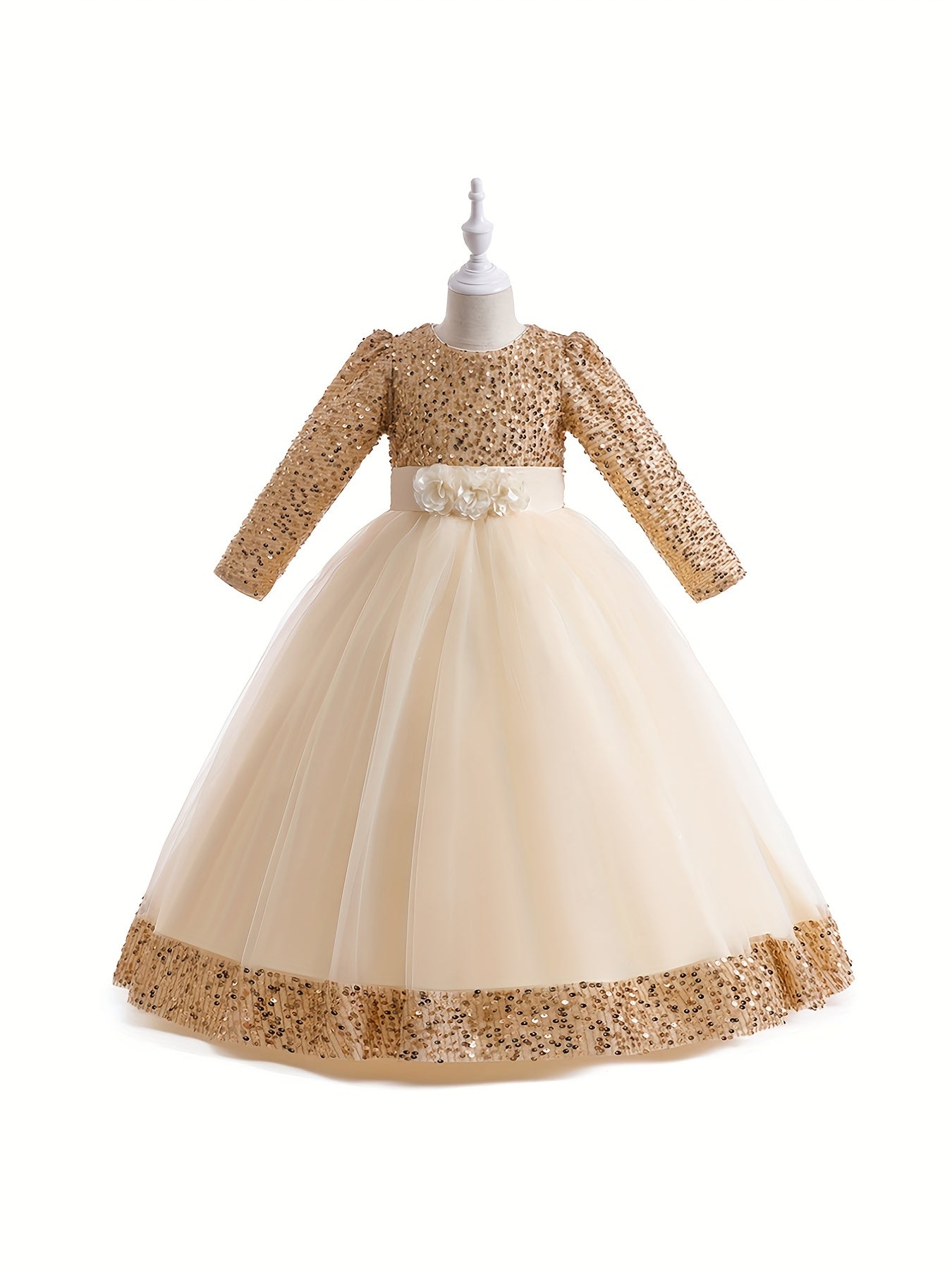 Girls' Sequin Evening Dress Long Sleeve Puff Skirt Tulle Party Ball Gown