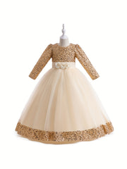 Girls' Sequin Evening Dress Long Sleeve Puff Skirt Tulle Party Ball Gown