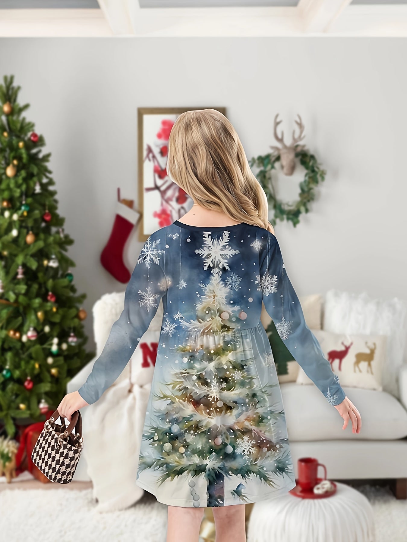 Girls Sweet 3D Christmas Tree Long Sleeve Dress Spring Fall Gift