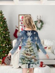 Girls Sweet 3D Christmas Tree Long Sleeve Dress Spring Fall Gift