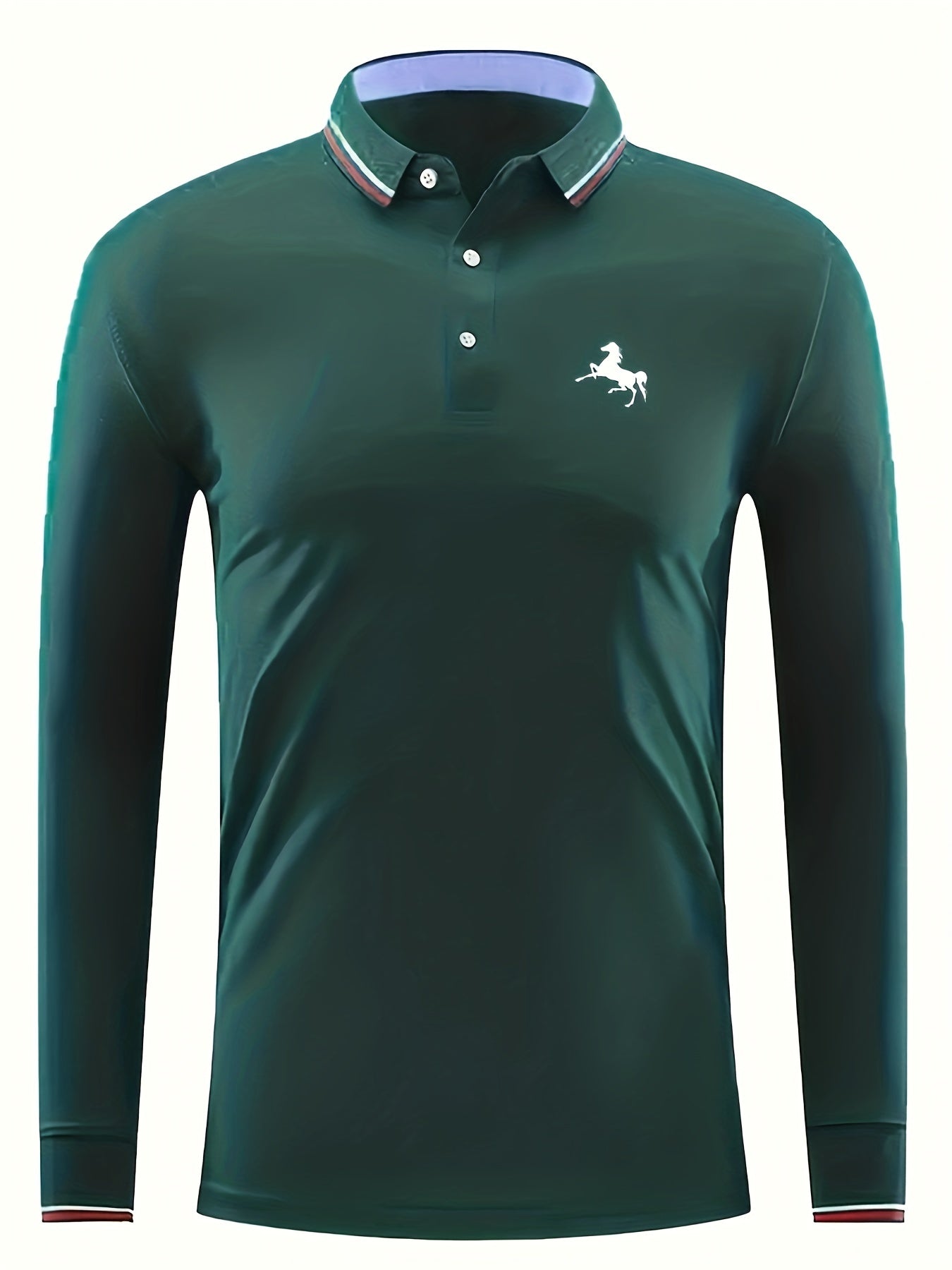 Men's Horse Print Polo Shirt Casual Stretch Button Up Long Sleeve Shirt