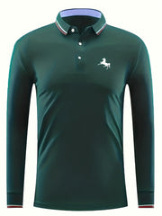 Men's Horse Print Polo Shirt Casual Stretch Button Up Long Sleeve Shirt
