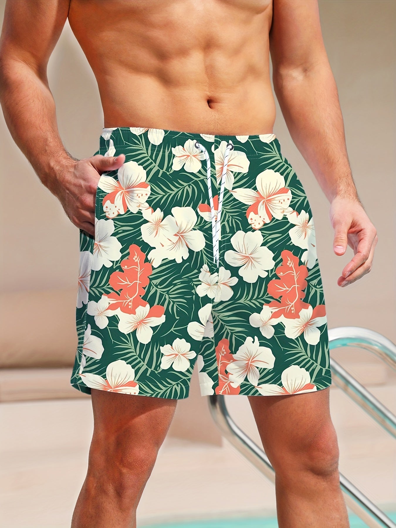 Quick Dry Hawaiian Beach Board Shorts for Men Floral Swim Trunks with Pockets