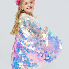 Girls Mermaid Princess Cape Cloak Glitter Party Prop Kids Halloween Fancy Dress