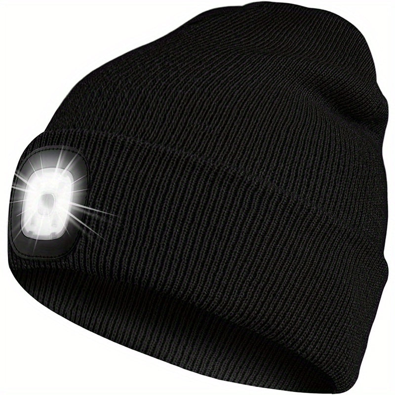 USB Rechargeable LED Beanie Hat - Hands-Free Winter Knitted Night Light Cap