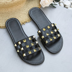 Women's Rivet Flat Slides Open Toe Slip On Slide Sandals