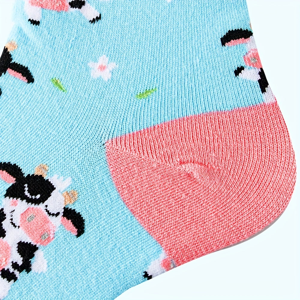 Cartoon Cow Print Socks & Funny Mid Tube Socks Women's Stockings