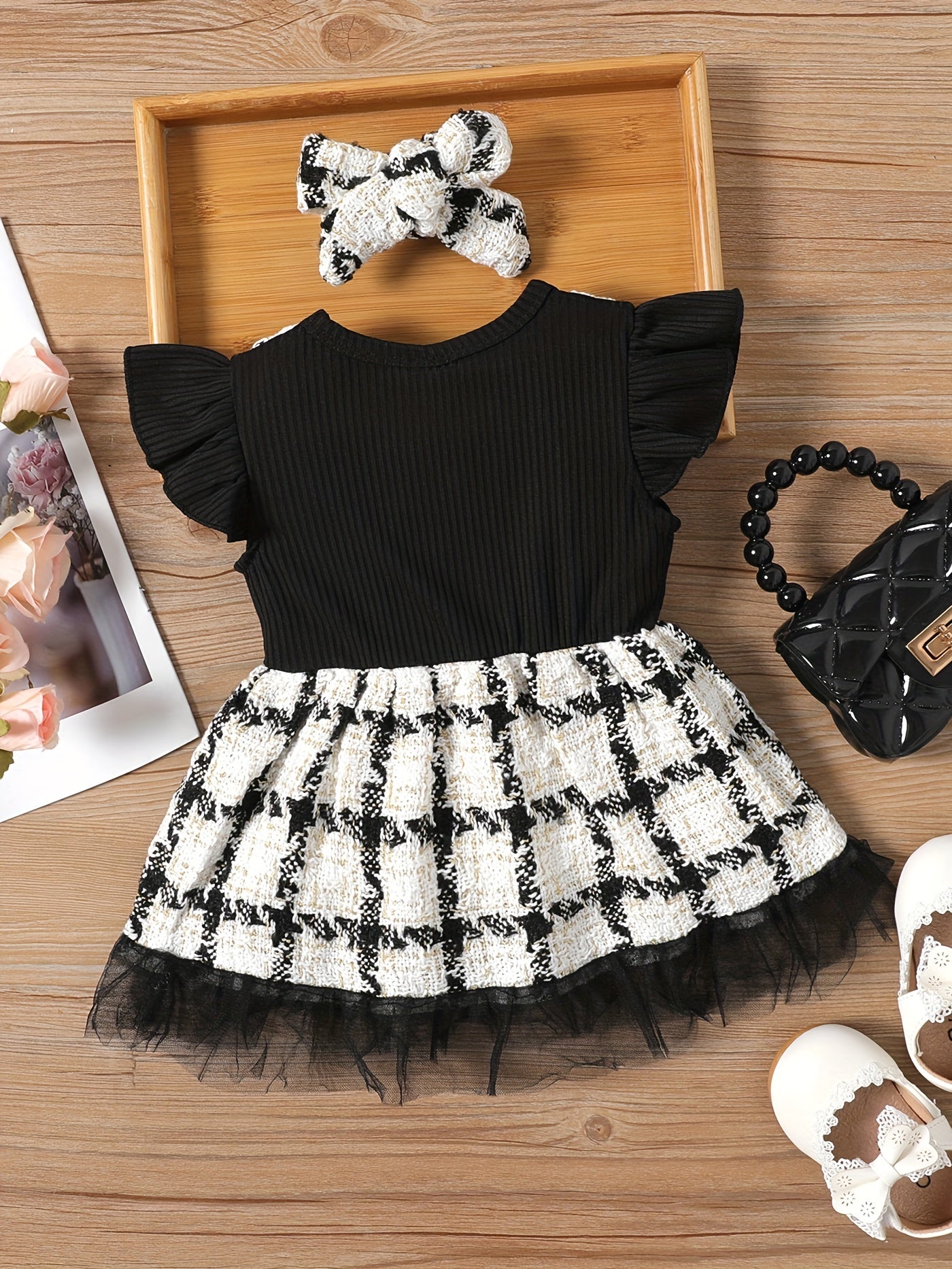 Baby Girl Plaid Flying Sleeves Bow Tie Casual Pleated Skirt Dress
