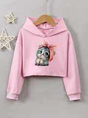 Girls' Kitty Print Hoodie Sweatshirt Long Sleeve