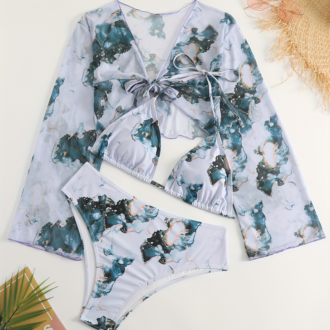 Tie Dye Halter Neck Bikini Set & Cover Up - 3pc Set