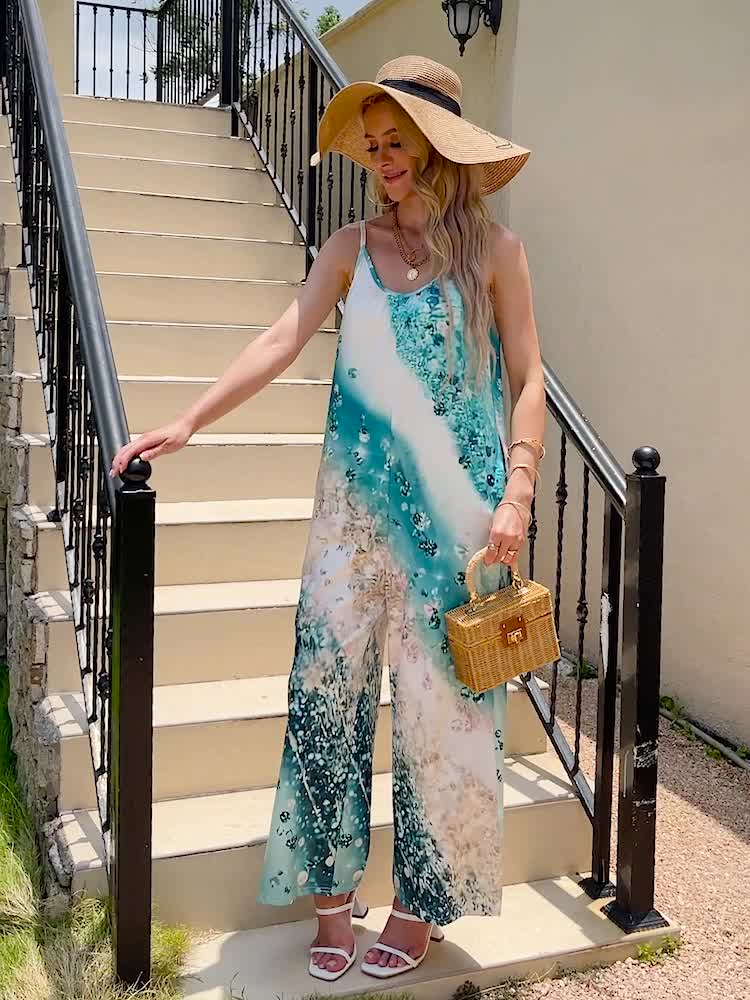 Marble Print Wide Leg Jumpsuit Spaghetti Jumpsuit