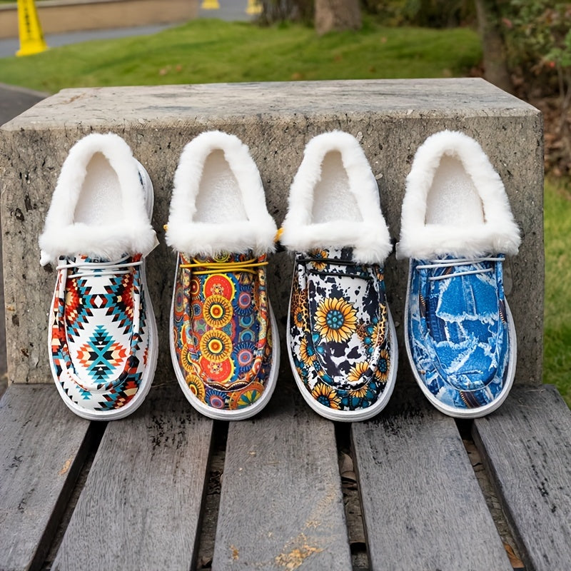 Women's Cow & Floral Print Slip-On Flat Fleece Lining Winter Shoes
