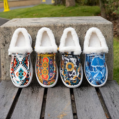 Women's Cow & Floral Print Slip-On Flat Fleece Lining Winter Shoes