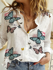 Casual Blouse Women's Plus Butterfly Print Long Sleeve Button Up