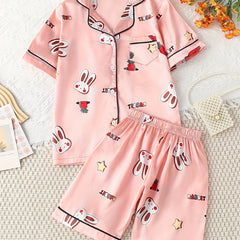 Girls Bunny Graphic Pajamas Set Short Sleeve Nightwear Lounge Suit