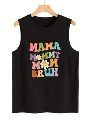 Floral & Letter Print Sleeveless Sports Vest Round Neck Stretchy Casual Tops