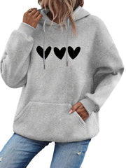 Heart Print Kangaroo Pocket Hoodie Long Sleeve Drawstring Hoodie
