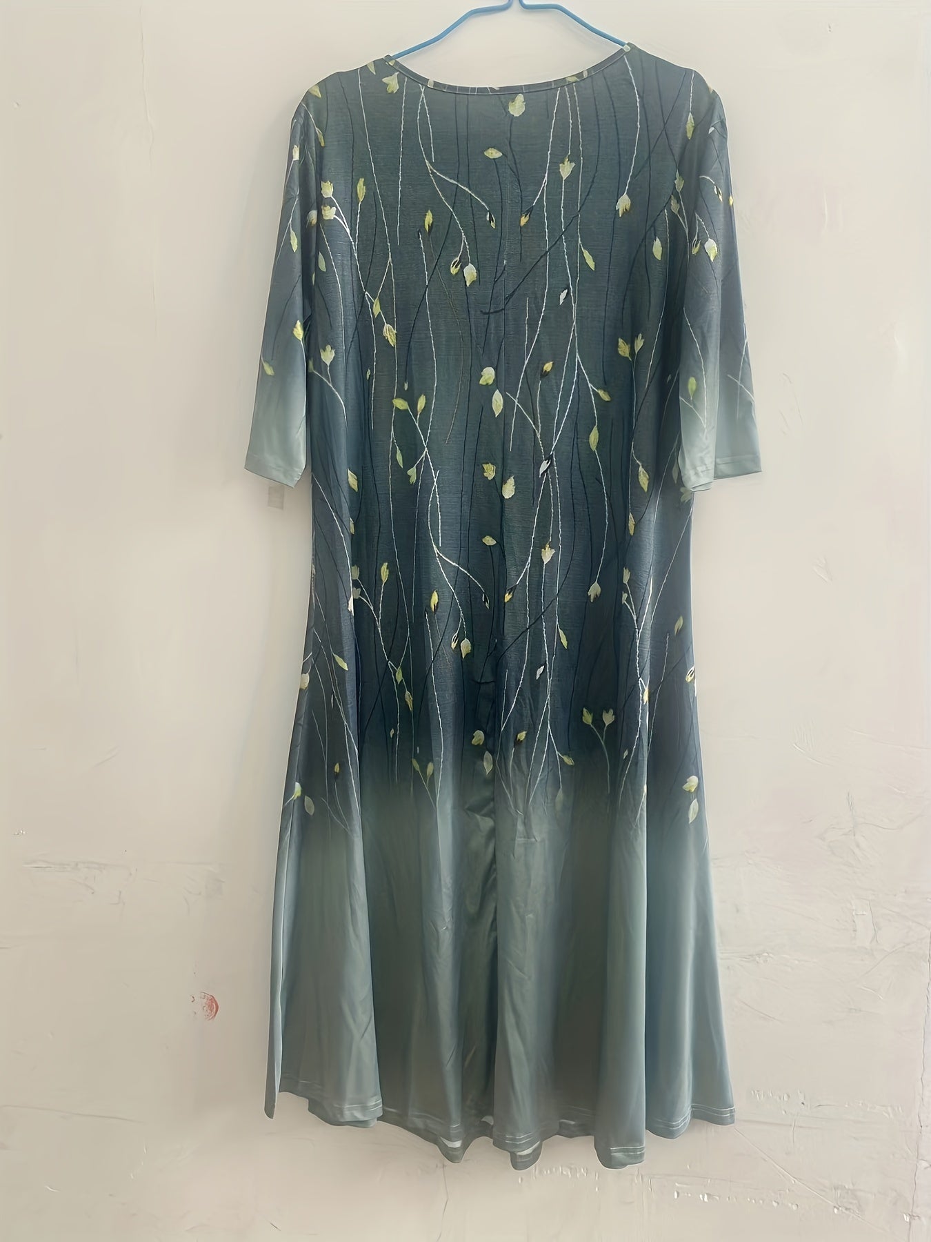 Floral & Ombre Print Half Sleeve Round Neck Dress With Pockets