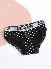 5pcs Letter & Heart Print Briefs Lace Trim Panties Women's Lingerie