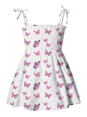 Girls Butterfly Graphic Shirred Puffy Cami Dress Summer Clothes