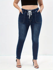 Washed Elastic Drawstring High Stretch Jeans