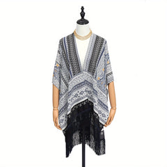 Bohemian Floral Print Shawl Long Wraps Classic Gray Windproof Cape