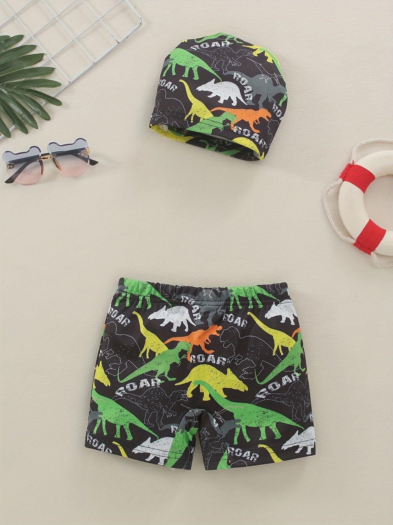 Boys Dinosaur Print Swim Trunks & Cap Set