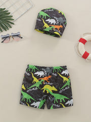 Boys Dinosaur Print Swim Trunks & Cap Set