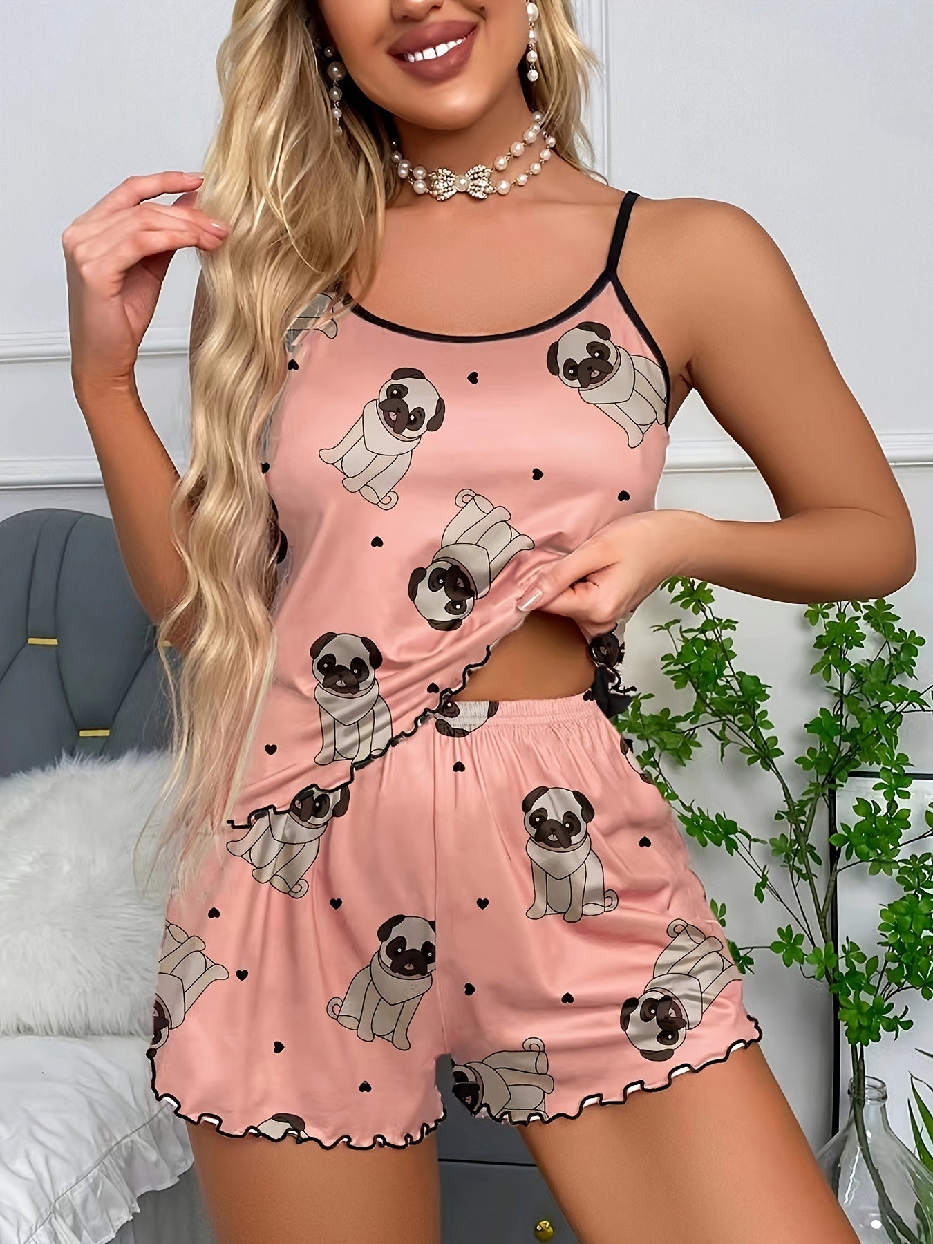 Cartoon Dog Print Pajama Set Crew Neck Cami Top & Elastic Waistband Shorts