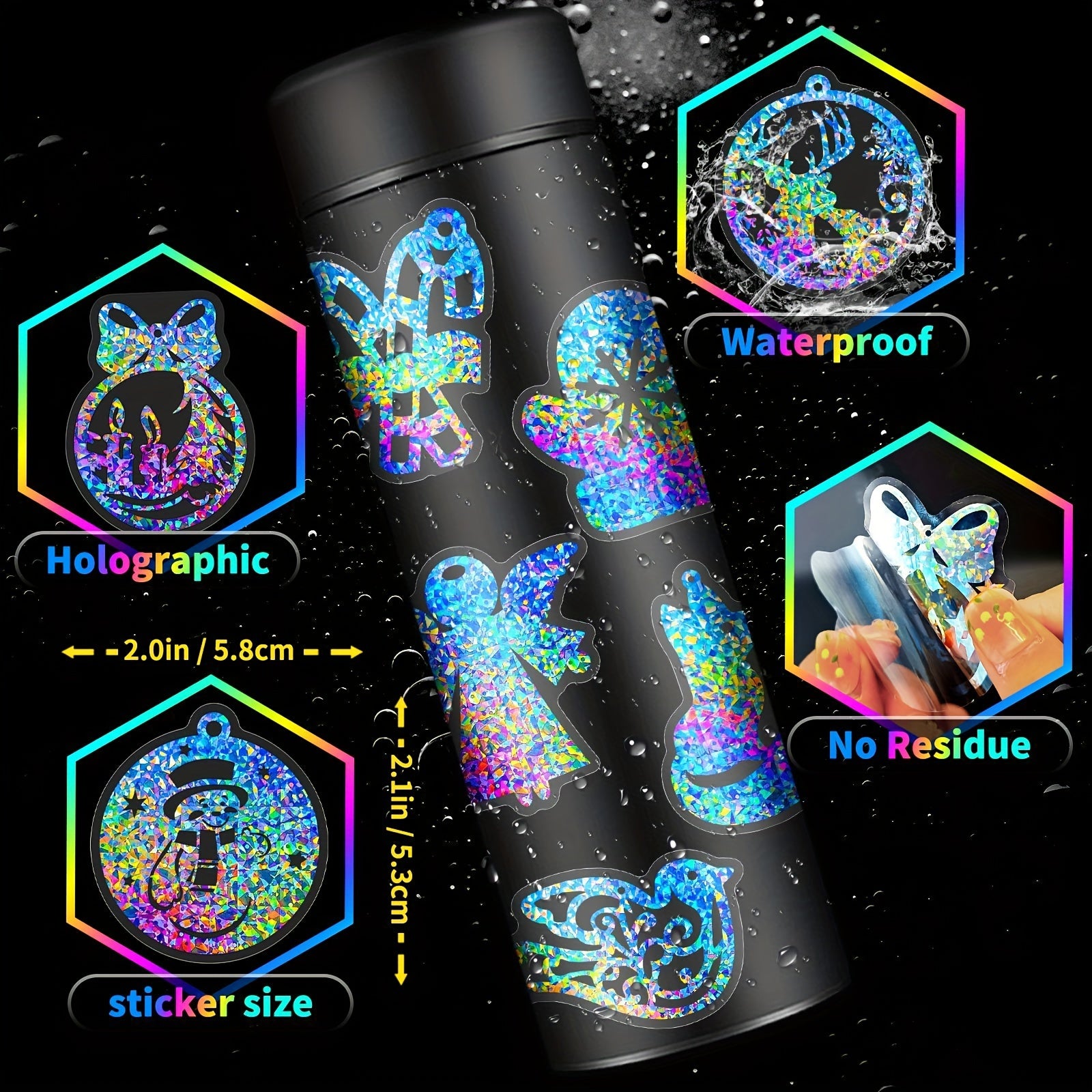 50pcs Laser Merry Christmas Stickers Bright Holographic PET Streamer Stickers