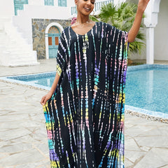Boho Cover Up Tie Dye Striped V Neck Beach Cover Up Dress