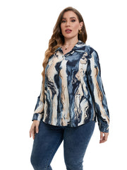 Marble Print Plus Size Shirt Women's Turn Down Collar Long Sleeve Blouse