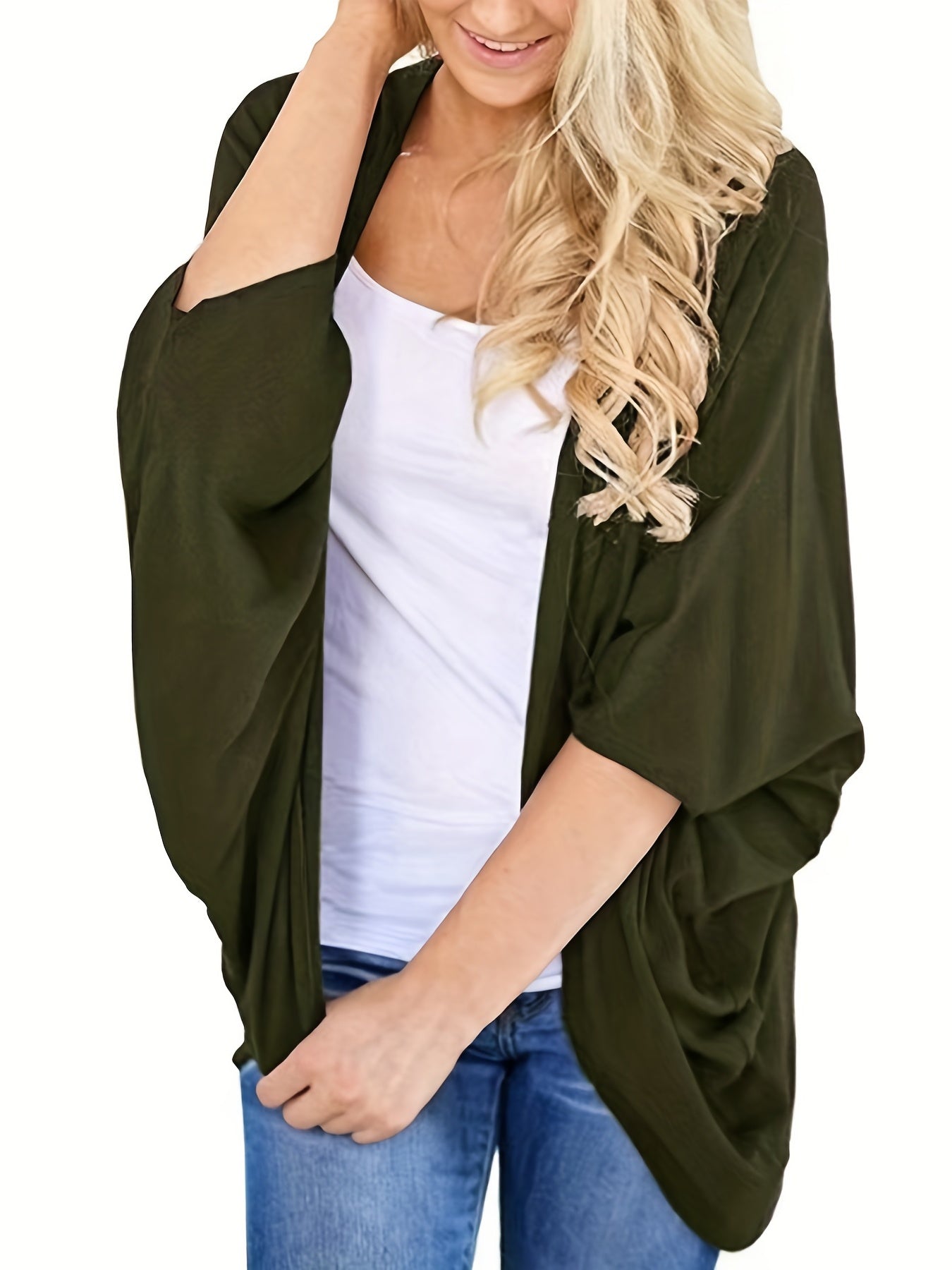 Casual Cardigan Women's Plus Solid Bat Sleeve Open Front