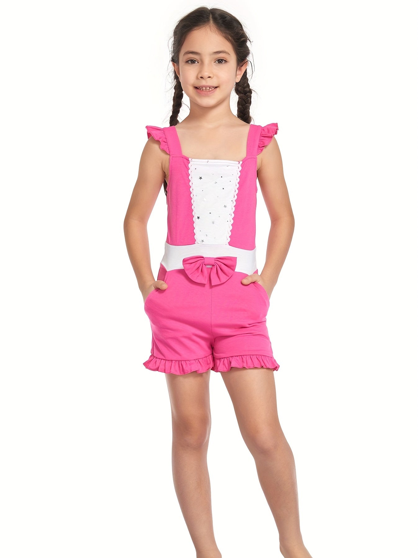 Girls Princess Ruffle Sleeve Jumpsuit With Bow Romper