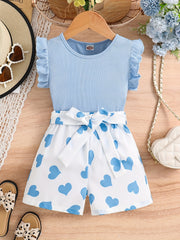 Girls Ruffle Trim Top & Heart Graphic Shorts Set